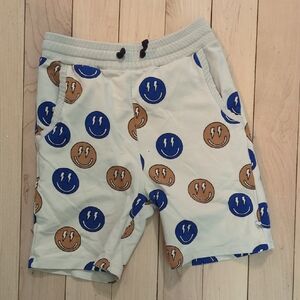 Smiley Face Graphic Cotton Shorts in Cream, Blue & Brown - 12 Years